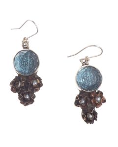 Barbosa Earrings St Benito Cross Hand Cut Blue Glass with Mini Pearl Roses