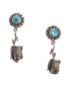 Barbosa Earrings - Vibrant Aqua Crystal Post with Silver Dangling Roses