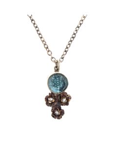 Barbosa Necklace St Benito Cross Hand Cut Blue Glass with Mini Pearl Roses