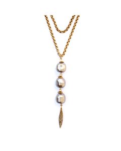 Catherine Popesco 42" Pearl Drop Gold Necklace with Crystal Dagger