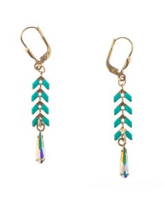 Catherine Popesco Aqua Enamel Leaf Strand Earrings with Crystal Drop