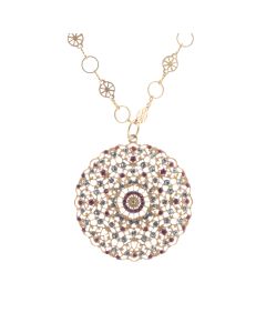Catherine Popesco Lacy Medallion Filigree Red Siam Crystal Pendant Necklace