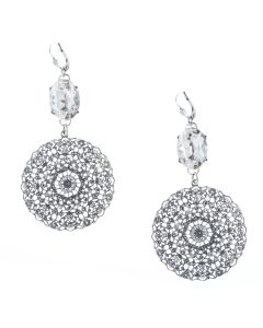 Catherine Popesco Large Round Silver Filigree Earrings with Oval Crystal