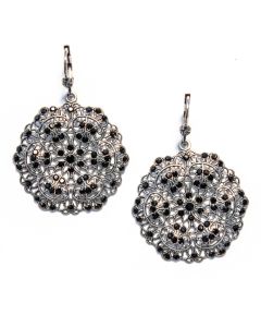 Catherine Popesco Small Lacy Round Jet Black Crystal and Silver Earrings