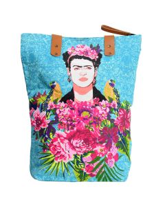 Frida Kalho Bright Pink Flowers on Blue Background Tote Bag/Purse