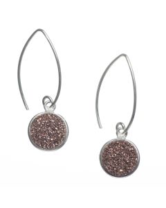 Sterling Silver Marquise Wire Round Pink Copper Druzy Drop Earrings