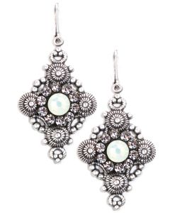 Clara Beau Earrings - Ornate Diamond Shape Silver and Chrysolite Opal