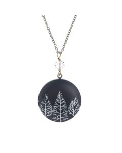 Edgy Petal Black & White Trees Crystal Locket Necklace - 30" Chain