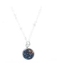 Dainty Round Midnight Blue Druzy Pendant Necklace with Sterling Silver Chain