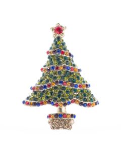 Gold Rhinestone Christmas Tree with Garlands Pin