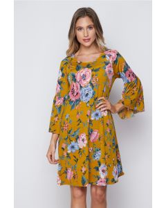 Honeyme Dress with Bell Sleeves - Mustard Yellow & Pink Floral Print
