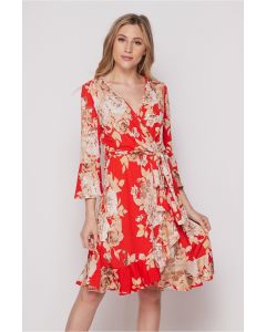 Honeyme USA Faux Wrap Dress with Tie & Ruffles - Red Rose Print