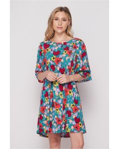 Honeyme USA Ruffle Sleeve Dress with Pockets - Red & Teal Floral Print