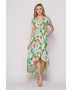 Honeyme Faux Wrap High Low Hem Dress - Pink & Blue Hawaiian Print