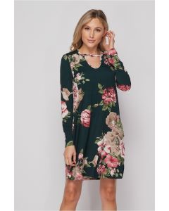 Honeyme USA Pink Roses Print Dress with Long Sleeves & Pockets