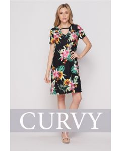 CURVY Plus Size Honeyme USA Black & Pink Hawaiian Print Dress with Short Sleeves & Pockets