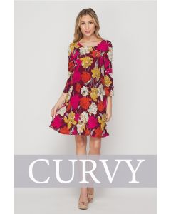 CURVY Plus Size Honeyme Swing Dress with Bell Sleeves - Red/Fuchsia Floral Print