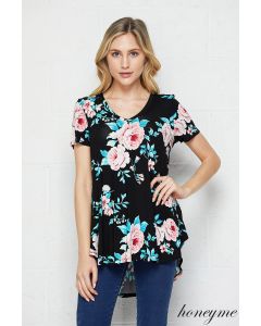 Honeyme Clothing USA Floral High-Low Short Sleeve Top - Black/Pink
