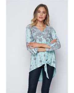 Lovely Honeyme Blouse Top with Tie Front - Mint & Grey Lacy Print