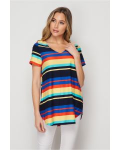 Honeyme USA Clothing V-Neck Short Sleeve Top - Multicolor Stripes