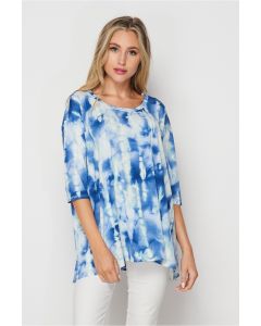 Honeyme Tie-Dye Tunic Top with 3/4 Sleeves - Blue & White