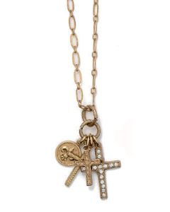 La Vie Gold Three Cross Charm Crystal Necklace