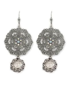 Catherine Popesco Lacy Crystal and Silver Round Earrings with Drop