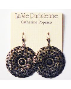Catherine Popesco Large Lacy Jet Black and Silver Round Earrings