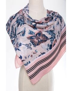 Large JC Sunny Cashmere Blend Scarf/Wrap - Floral Pink or Blue Striped Border