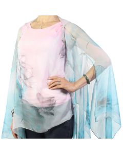 Magic Scarf Company Silky Crystal Button Scarf Poncho - Teal & Pink Lotus