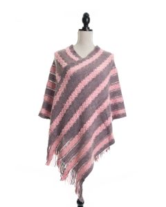 Retro Stripes & Fringe Sweater Ponchos - Pink/Gray