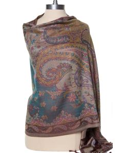 Fabulous! Silk & Pashmina Paisley Design Shawl Wrap by Rapti - Brown, Teal, Pink