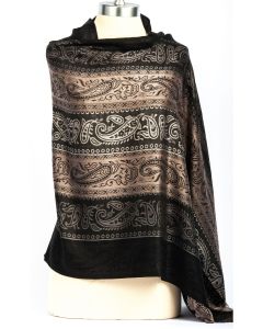 Gorgeous! Silk & Pashmina Paisley Striped Shawl Wrap by Rapti Fashion - Black