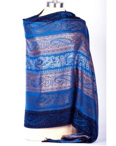 Fabulous! Silk & Pashmina Paisley Striped Shawl Wrap by Rapti Fashion - Blue