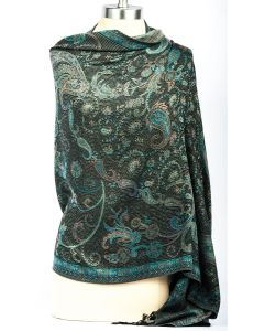 Fabulous! Silk & Pashmina Paisley Design Shawl Wrap by Rapti - Black & Teal
