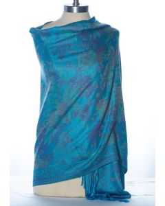 Fabulous! Silk & Pashmina Floral Shawl Wrap by Rapti Fashion - Turquoise