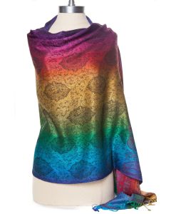 Fabulous! Silk & Pashmina Paisley Dark Rainbow Shawl Wrap by Rapti