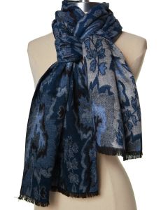 100% Cashmere Scarf by Rapti - Dark Blue Leaf Pattern