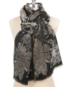 100% Cashmere Scarf by Rapti - Black, White, Grey Floral Pattern