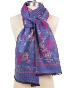 100% Cashmere Scarf by Rapti - Red & Blue Rose Pattern