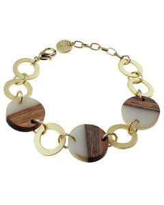 Sweet Lola Bracelet - Light Grey Resin & Wood Circles with Gold Links