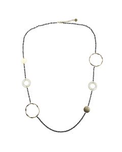 Sweet Lola Necklace - Black Beads with Gold and White Resin Circles - 40"