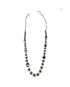 Sweet Lola Necklace - Taupe Leather with Wood & Gold Balls - 40"