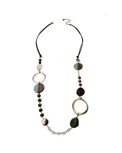 Sweet Lola Necklace - Brown Leather with Wood/Resin Discs & Gold Circles - 40"