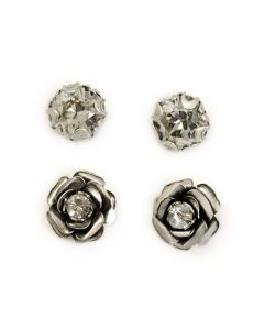 Sweet Romance Crystal Cushion & Roses Silver Post Earrings - Set of 2 Pairs