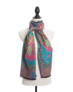 100% Cashmere Floral Paisley Scarf by Rapti - Turquoise & Fuchsia