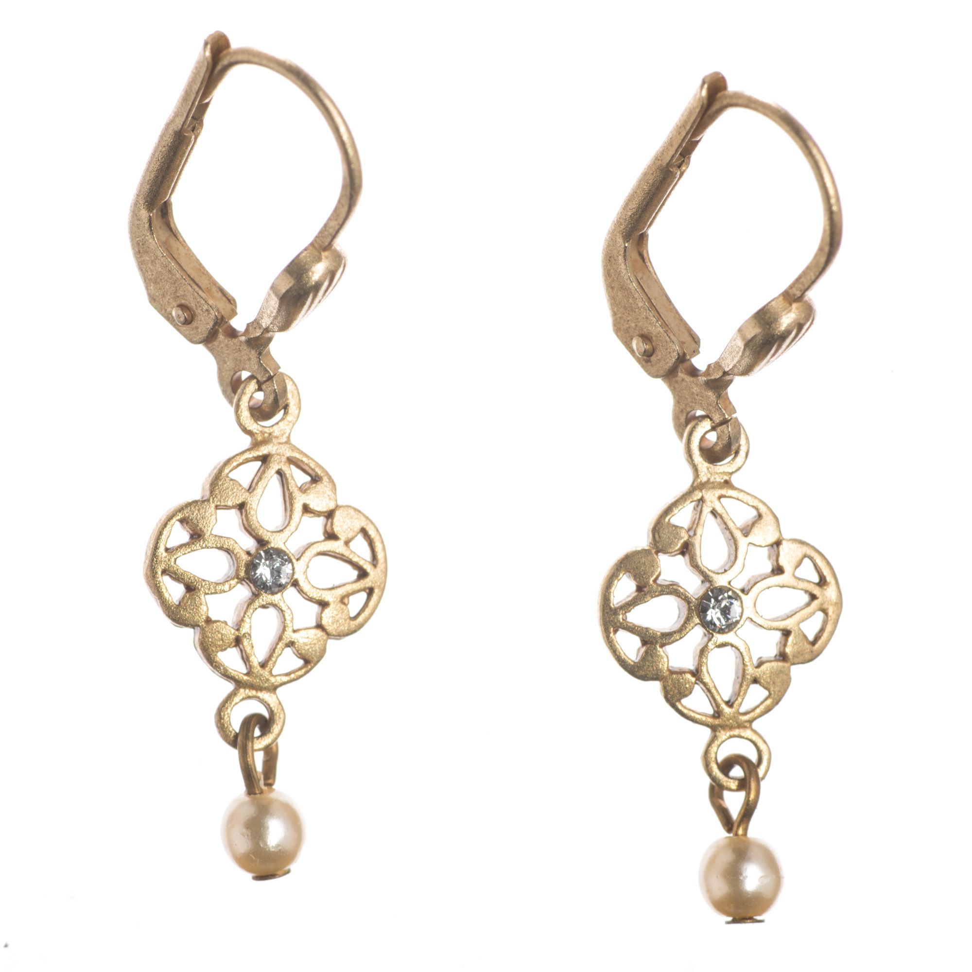 9ct Yellow Gold Cubic Zirconia and Pearl Stem Drop Earrings