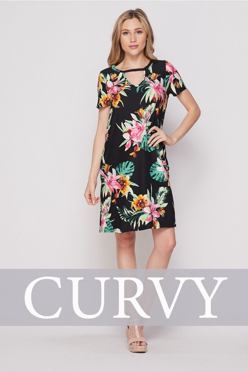 CURVY Plus Size Honeyme USA Black & Pink Hawaiian Print Dress with Short  Sleeves & Pockets