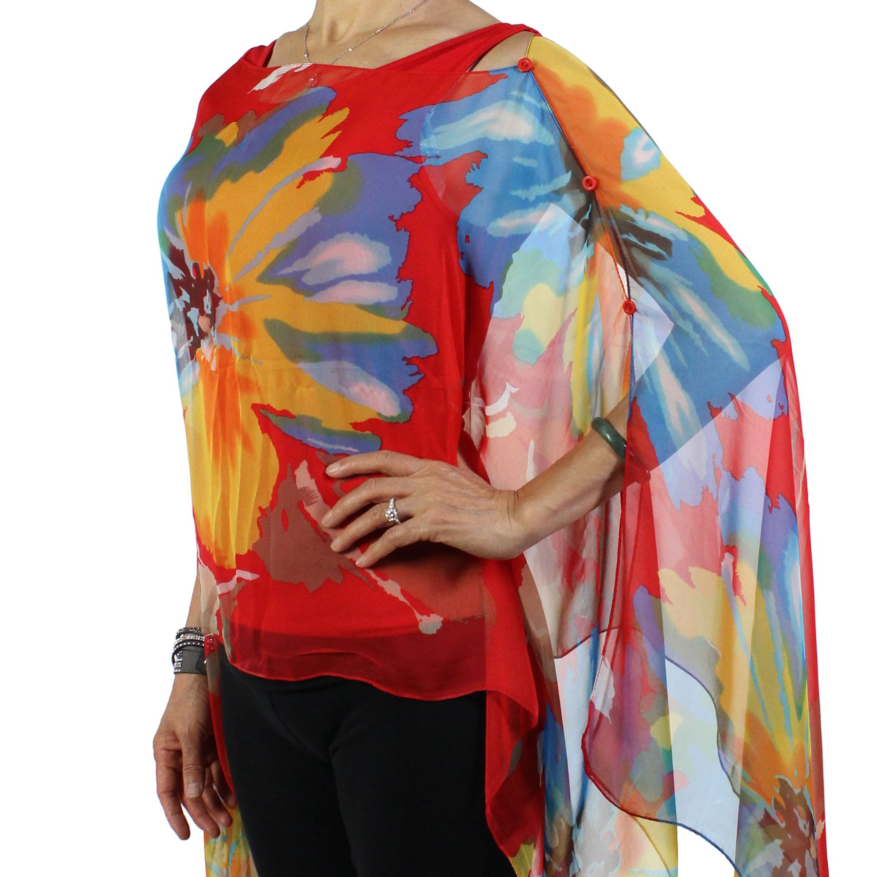 Magic Scarf Company Silky Button Scarf Poncho - Red Flowers