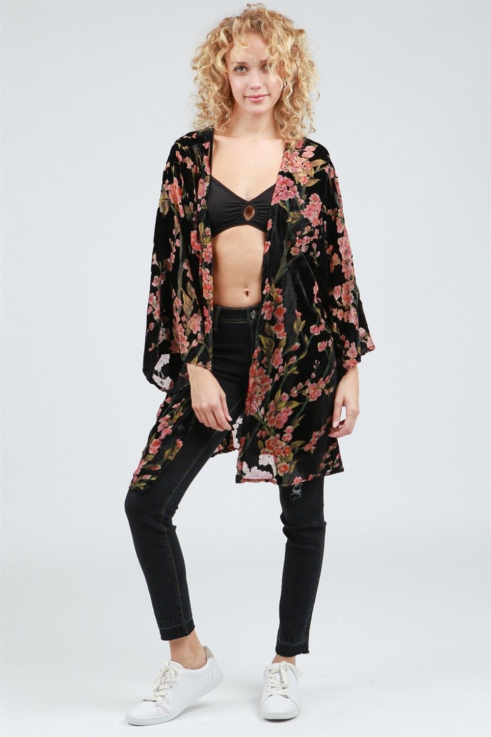 POL Clothing Bohemian Pink & Black Floral Print Burnout Velvet Kimono